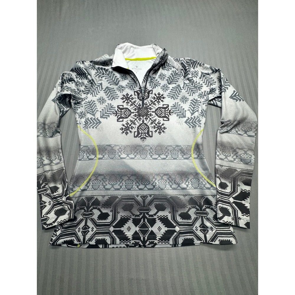 Athleta Womens Small Grey Fair Isle Snowflake Quarter Zip Long Sleeve Top